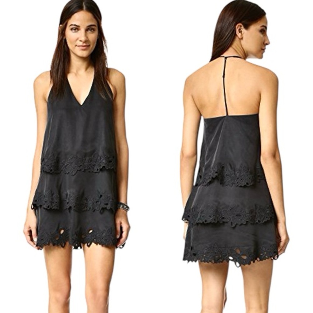 Rebecca Minkoff Tiered Mini Halter Dress Size 2 Dark Gray Cupro Eyelet Lace Sexy
